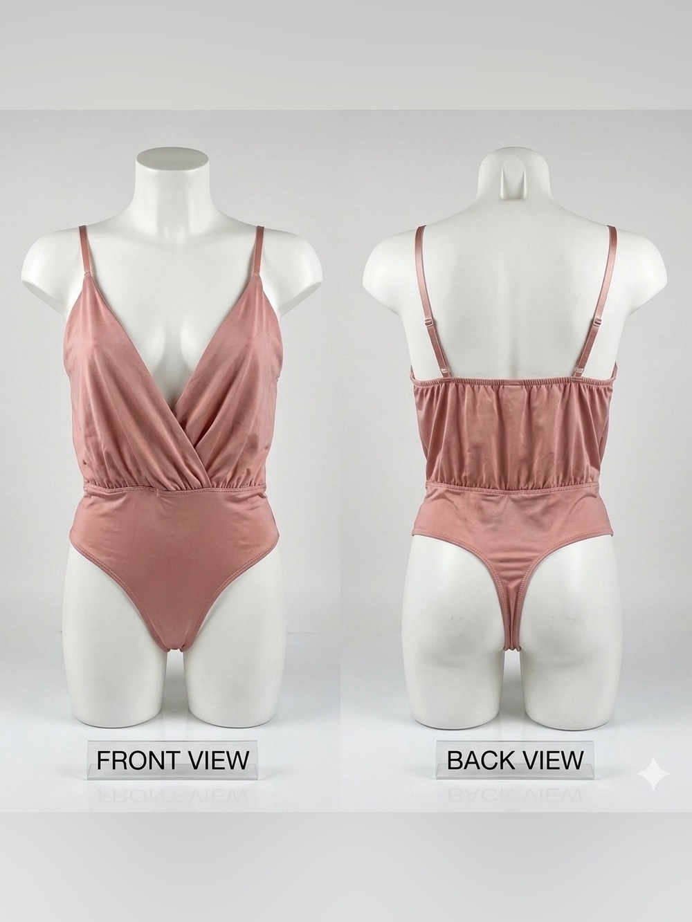 Revamped Dusty Rose Satin-Look Surplice Bodysuit Thong Back Women’s XS
